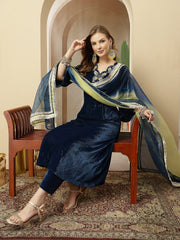 Stylum Women's Blue Solid & Embroidered Velvet A-Line Kurta Pant Dupatta Set (KPDBLUEDOLMU)
