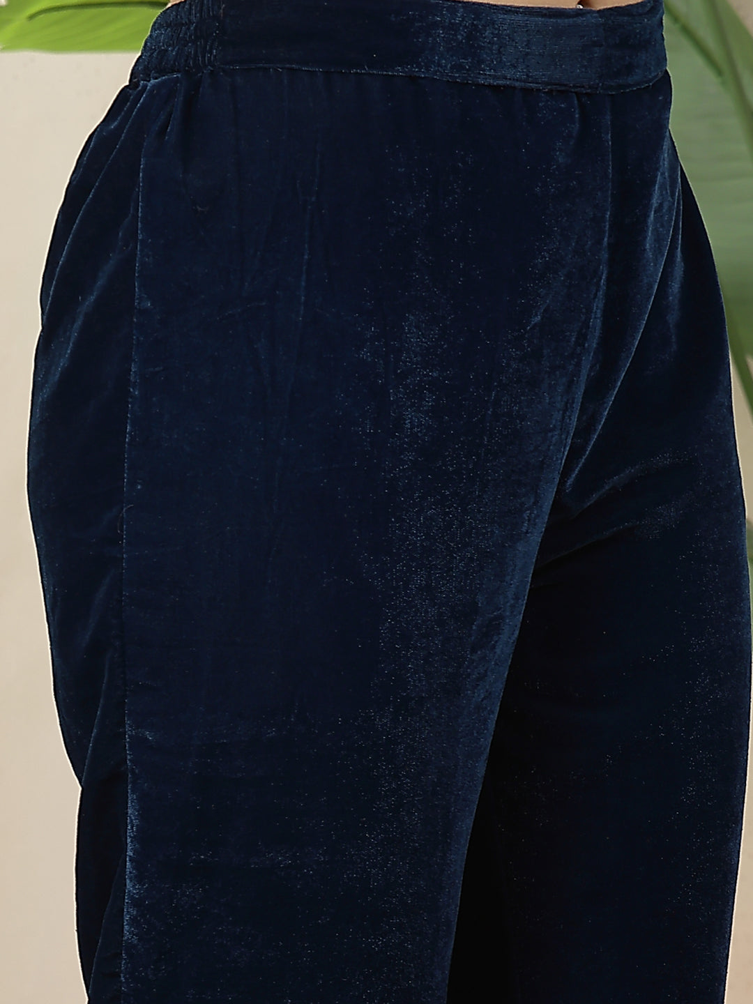 Women's Blue Solid & Embroidered Velvet A-Line Kurta Pant Dupatta Set 
