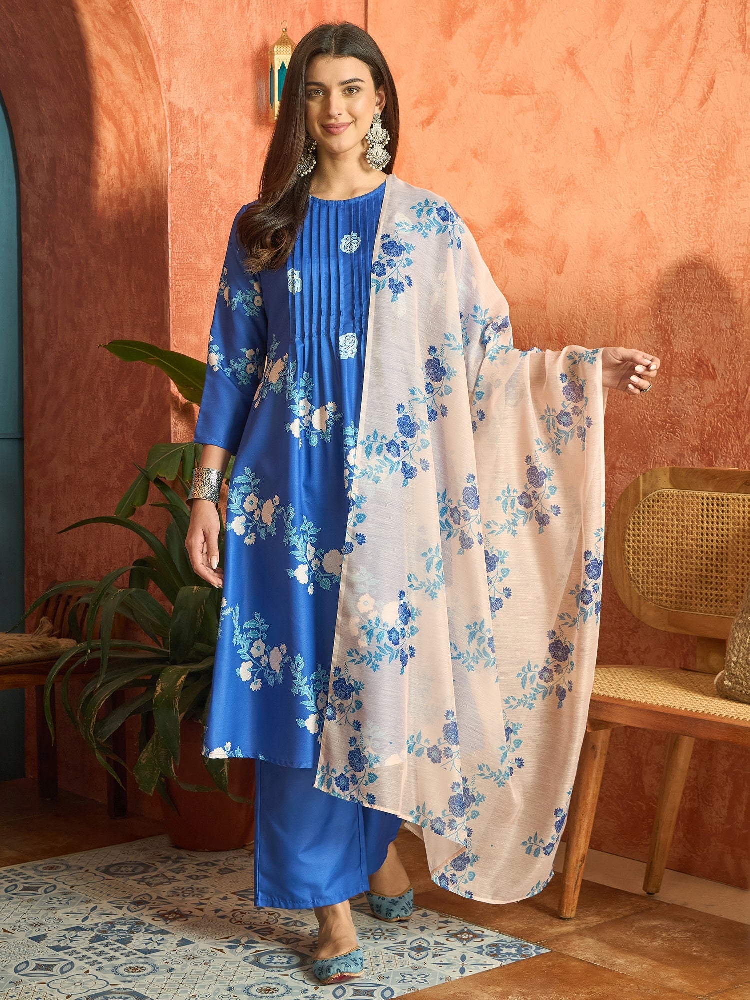 Women's Blue Floral Printed Rayon A-Line Kurta Pant Dupatta Set (KPDBL