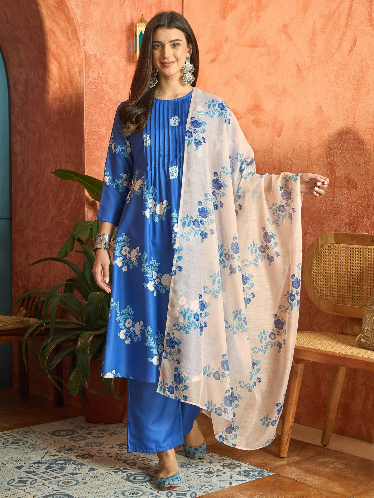 Stylum Women's Blue Floral Printed Rayon A-Line Kurta Pant Dupatta Set (KPDBLUEFANA)