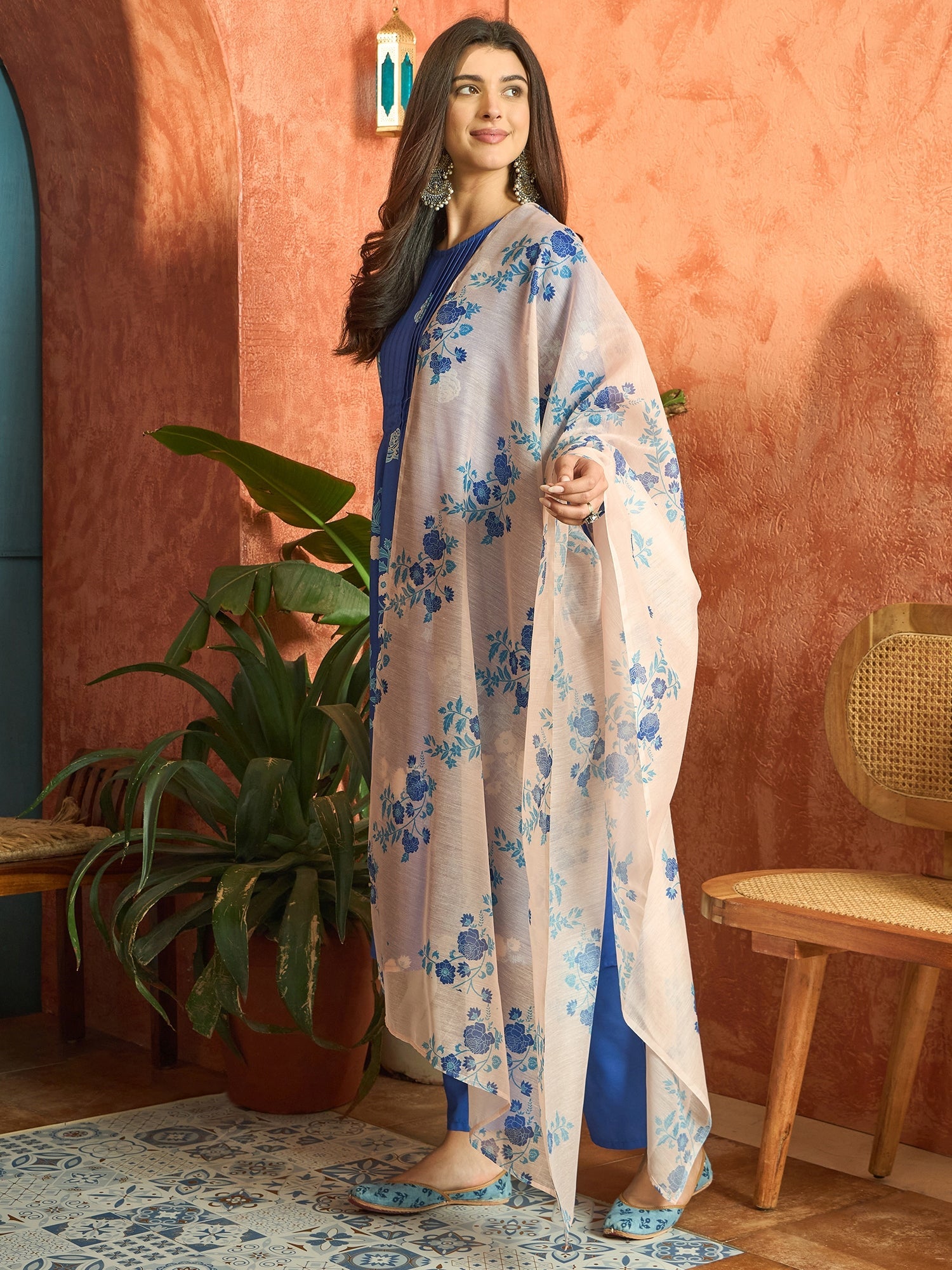 Women's Blue Floral Printed Rayon A-Line Kurta Pant Dupatta Set (KPDBL