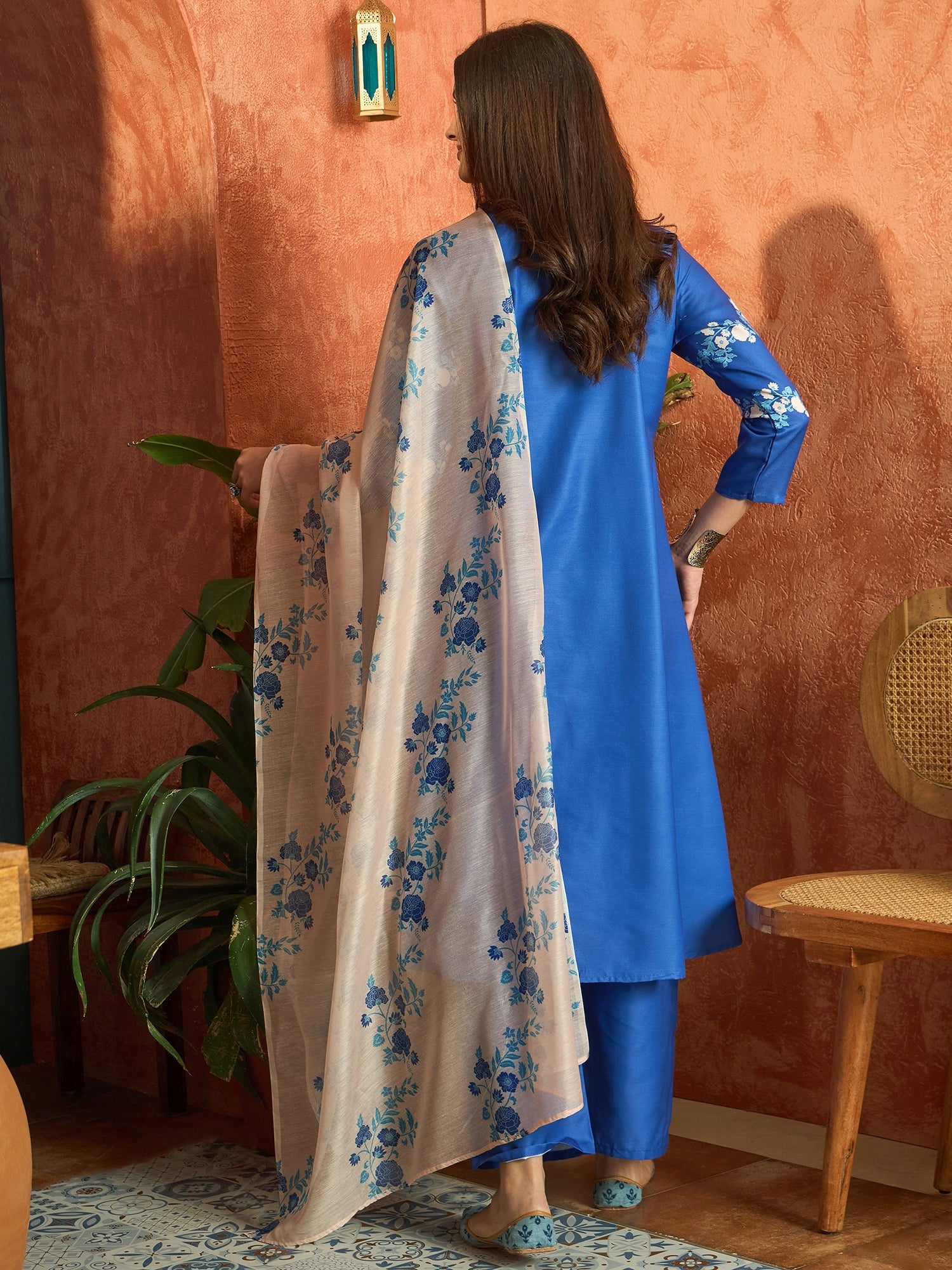 Women's Blue Floral Printed Rayon A-Line Kurta Pant Dupatta Set (KPDBL