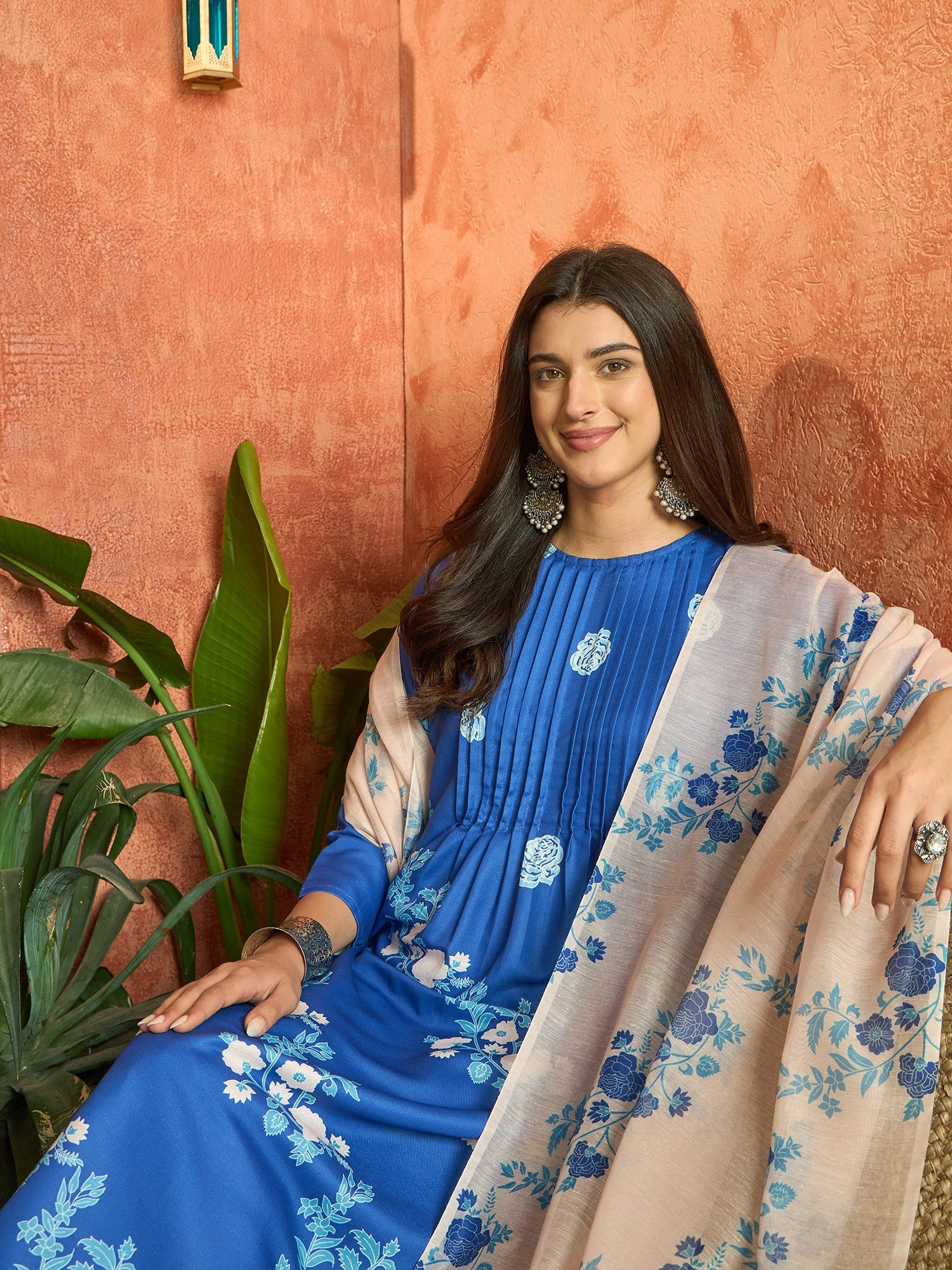 Women's Blue Floral Printed Rayon A-Line Kurta Pant Dupatta Set (KPDBL