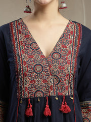 Stylum Women's Blue Ajrakh Printed Cotton A-Line Kurta Pant Dupatta Set (KPDBLUEHEERA)
