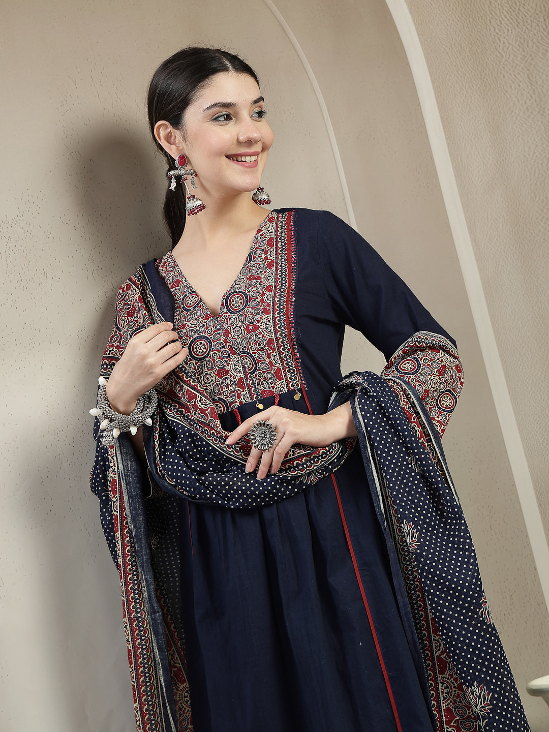 Stylum Women's Blue Ajrakh Printed Cotton A-Line Kurta Pant Dupatta Set (KPDBLUEHEERA)
