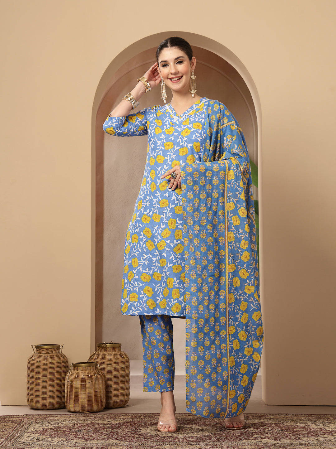 Women's Blue Floral Printed Cotton Straight Kurta Pant Dupatta Set (KP