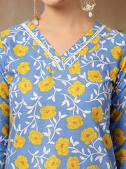 Stylum Women's Blue Floral Printed Cotton Straight Kurta Pant Dupatta Set (KPDBLUEINAYA)