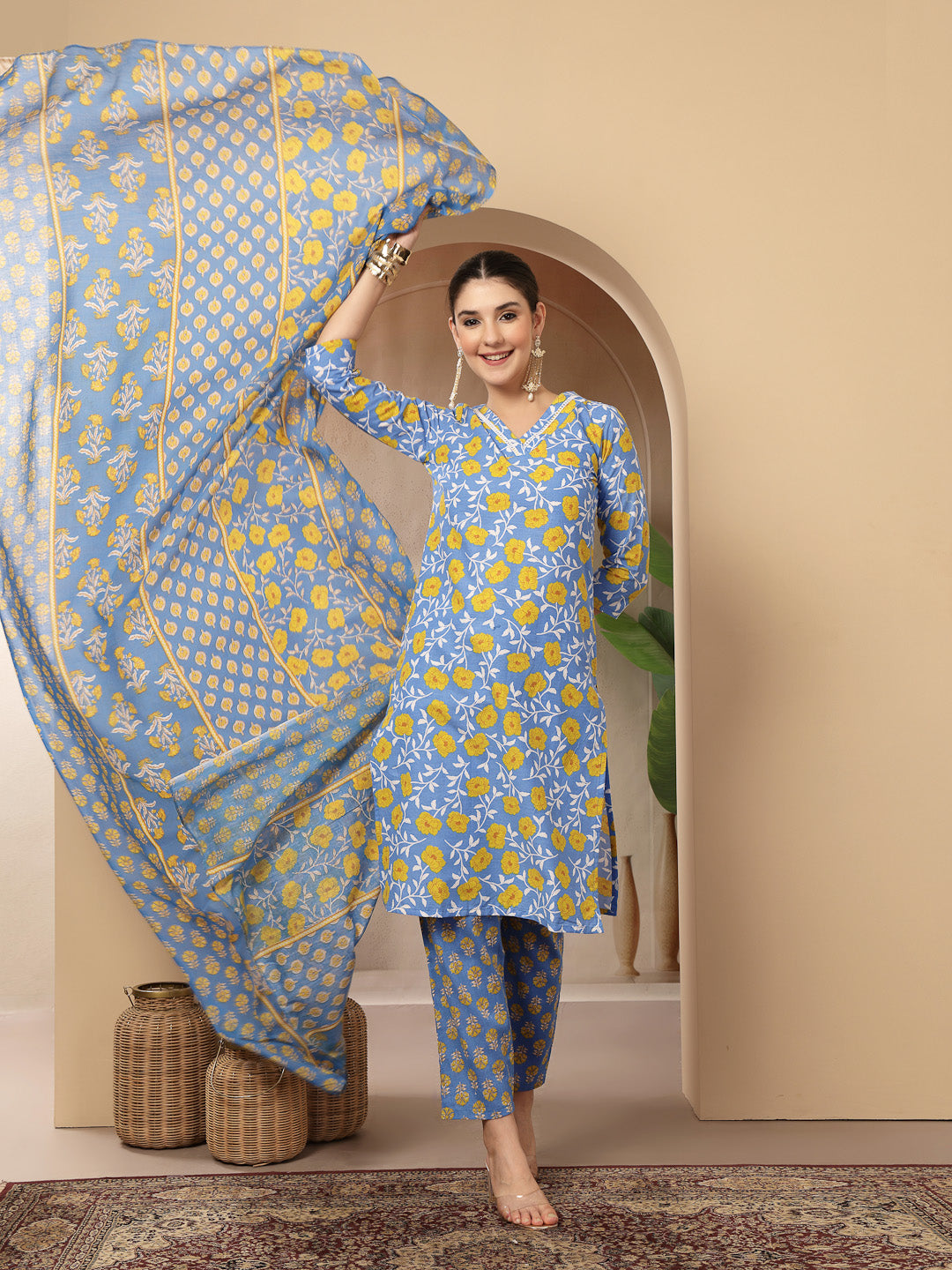 Women's Blue Floral Printed Cotton Straight Kurta Pant Dupatta Set (KP