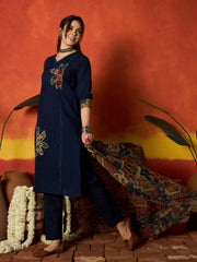 Stylum Women's Blue Solid Cotton Straight Kurta Pant Dupatta Set (KPDBLUEJIMAN)