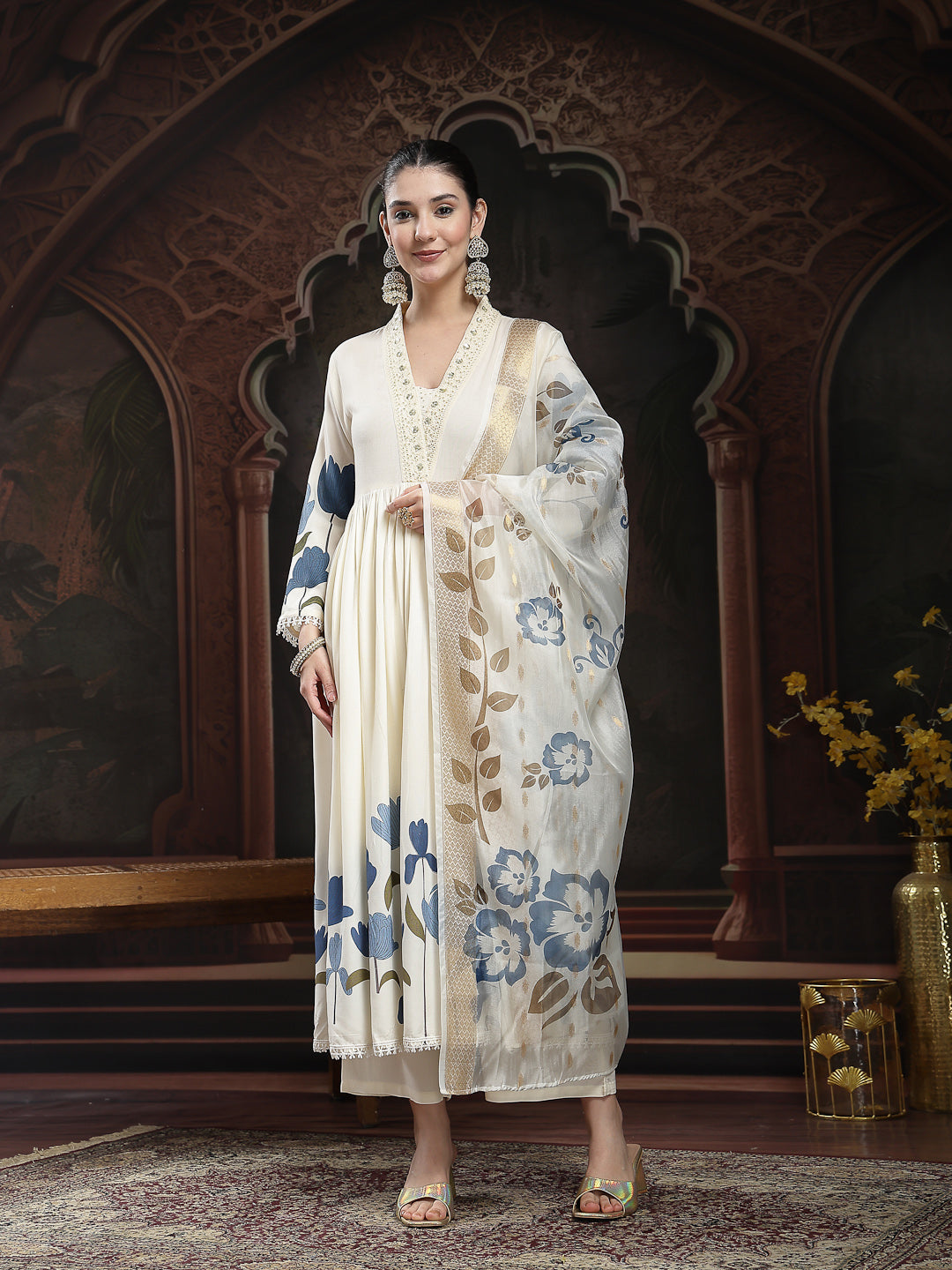 Women's Blue Floral Printed Rayon Flared Kurta Palazzo Dupatta Set (KP