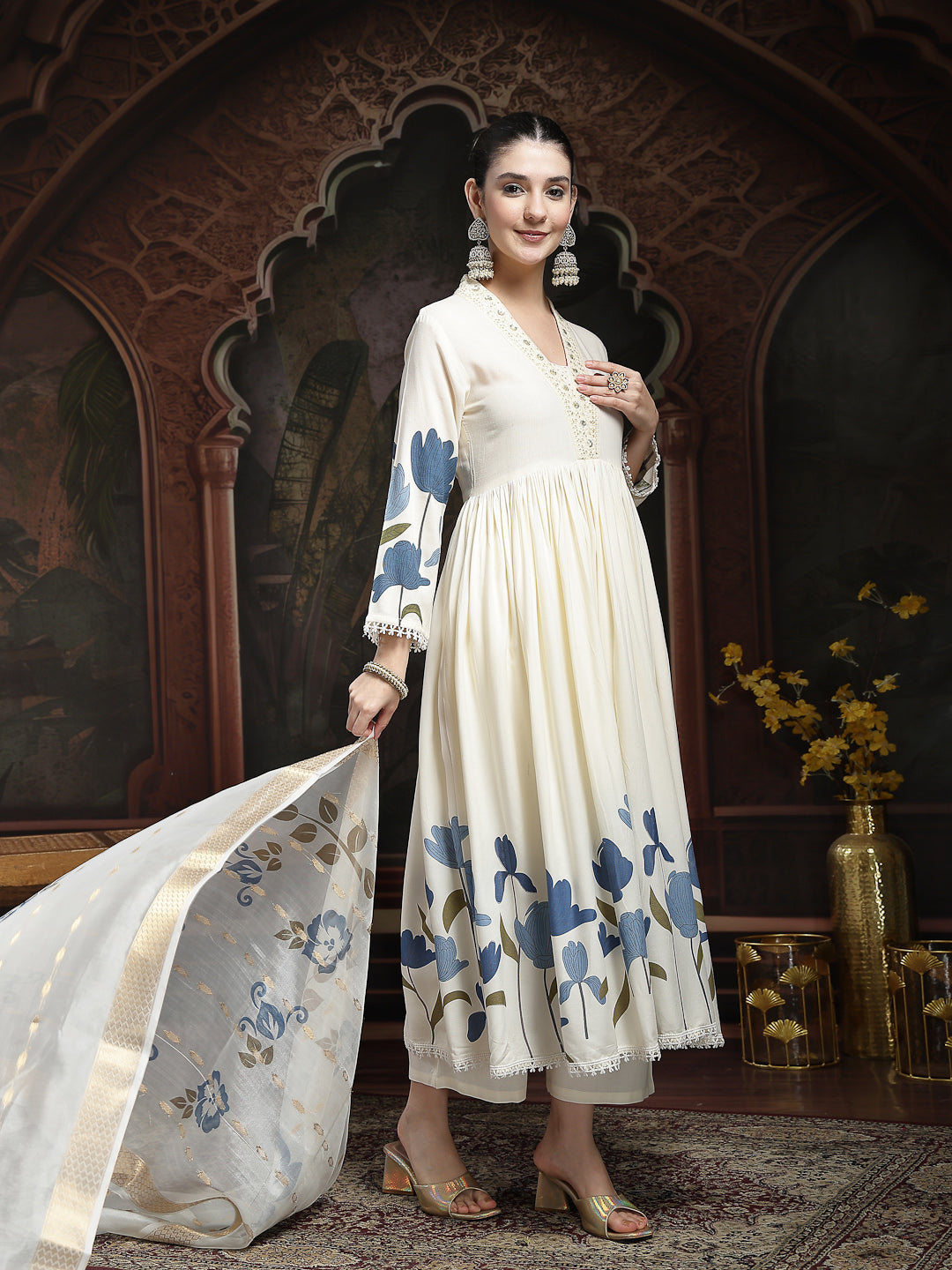 Women's Blue Floral Printed Rayon Flared Kurta Palazzo Dupatta Set (KP