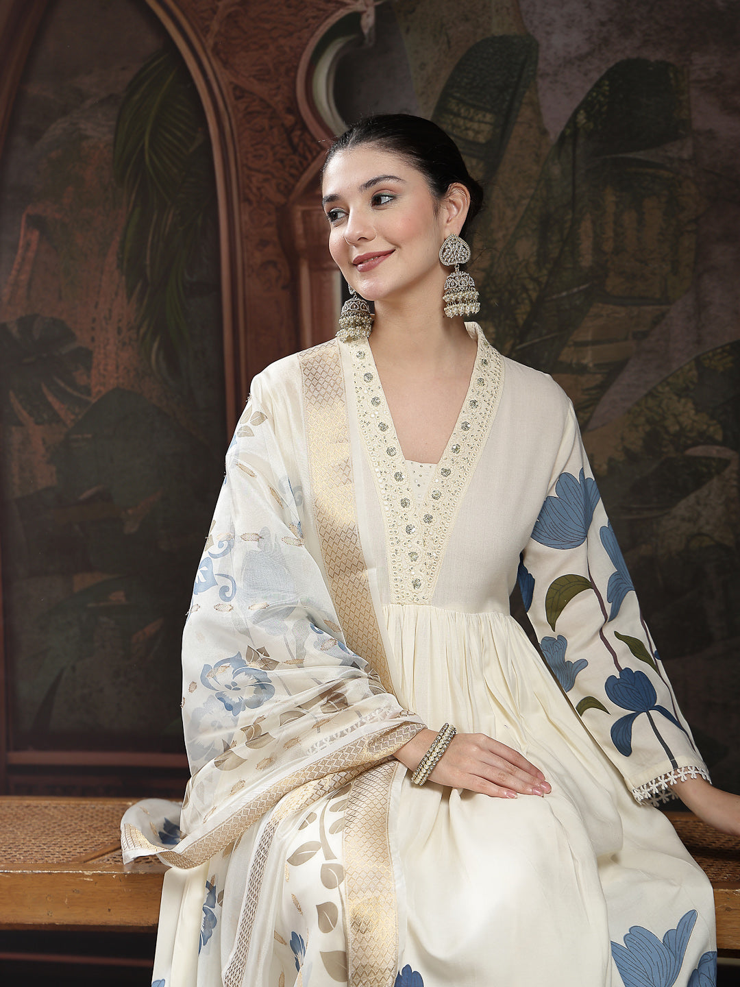 Women's Blue Floral Printed Rayon Flared Kurta Palazzo Dupatta Set (KP
