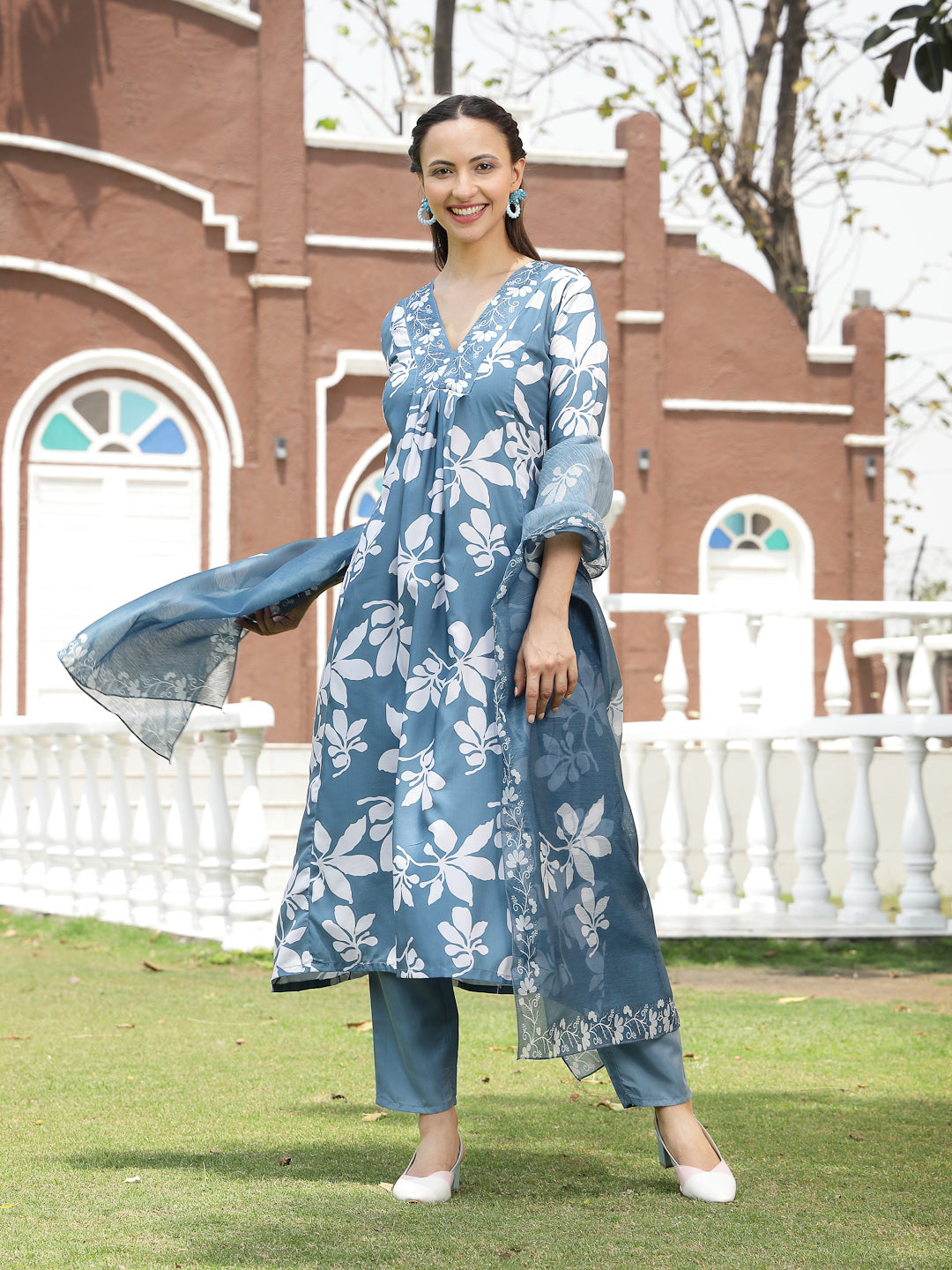 Women's Blue Floral Printed Rayon A-Line Kurta Pant Dupatta Set (KPDBL