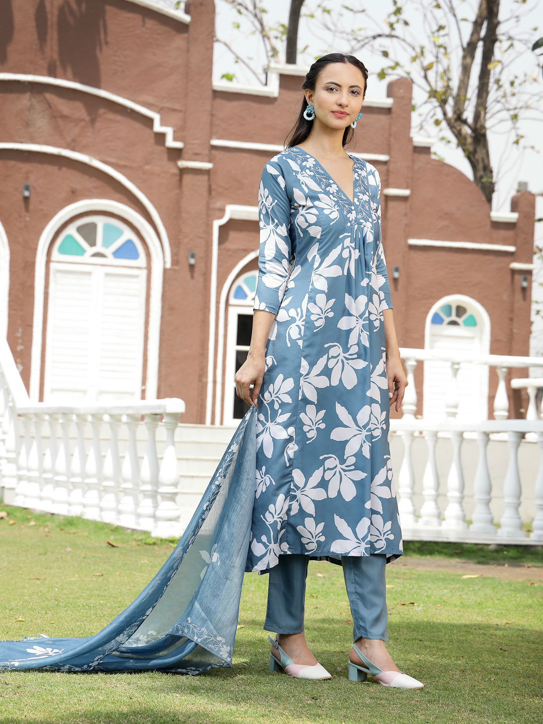 Women's Blue Floral Printed Rayon A-Line Kurta Pant Dupatta Set (KPDBL