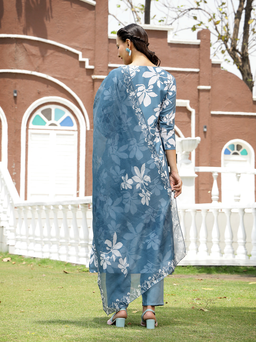 Women's Blue Floral Printed Rayon A-Line Kurta Pant Dupatta Set (KPDBL