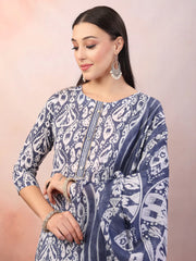 Women's Blue Printed Cotton Straight Kurta Pant Dupatta Set-KPDBLUEPATU