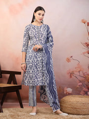 Women's Blue Printed Cotton Straight Kurta Pant Dupatta Set-KPDBLUEPATU
