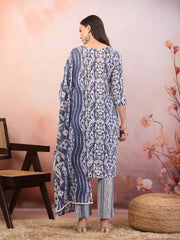Women's Blue Printed Cotton Straight Kurta Pant Dupatta Set-KPDBLUEPATU