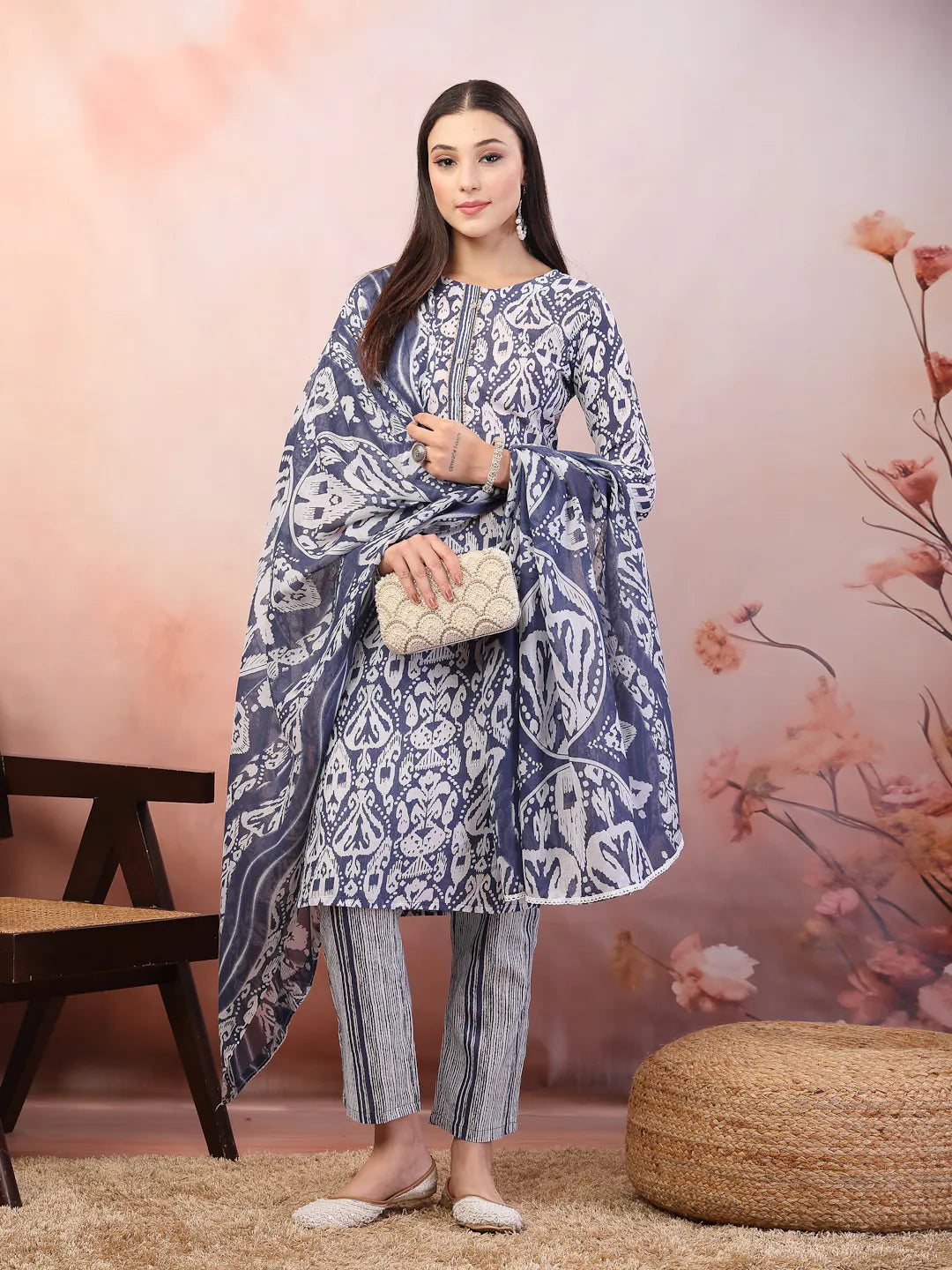 Blue Ikat Print Kurta Set with Dupatta | Women's Kurta Sets