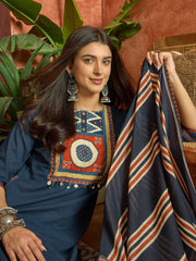 Stylum Women's Blue Solid Cotton Straight Kurta Pant Dupatta Set (KPDBLUERAWAL)