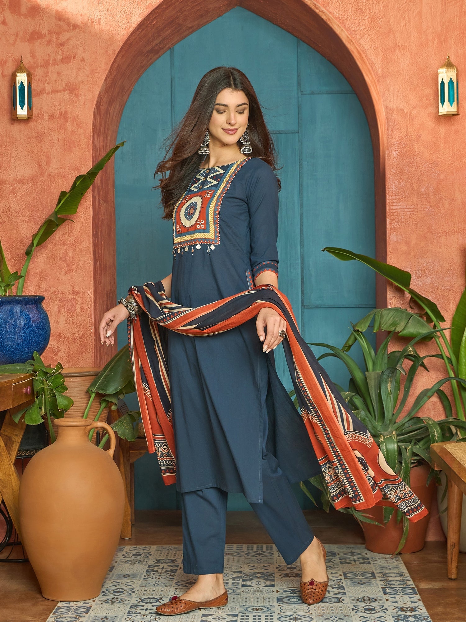 Women's Blue Solid Cotton Straight Kurta Pant Dupatta Set (KPDBLUERAWA