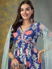 Women's Blue Floral Printed & Embroidered Rayon Alia Cut Kurta Pant Dupatta Set-KPDBLUETACO