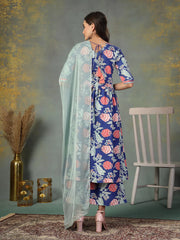 Women's Blue Floral Printed & Embroidered Rayon Alia Cut Kurta Pant Dupatta Set-KPDBLUETACO