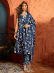 Stylum Women's Blue Floral Printed Cotton A-Line Kurta Pant Dupatta Set (KPDBLUETARIJ)