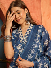 Stylum Women's Blue Floral Printed Cotton A-Line Kurta Pant Dupatta Set (KPDBLUETARIJ)