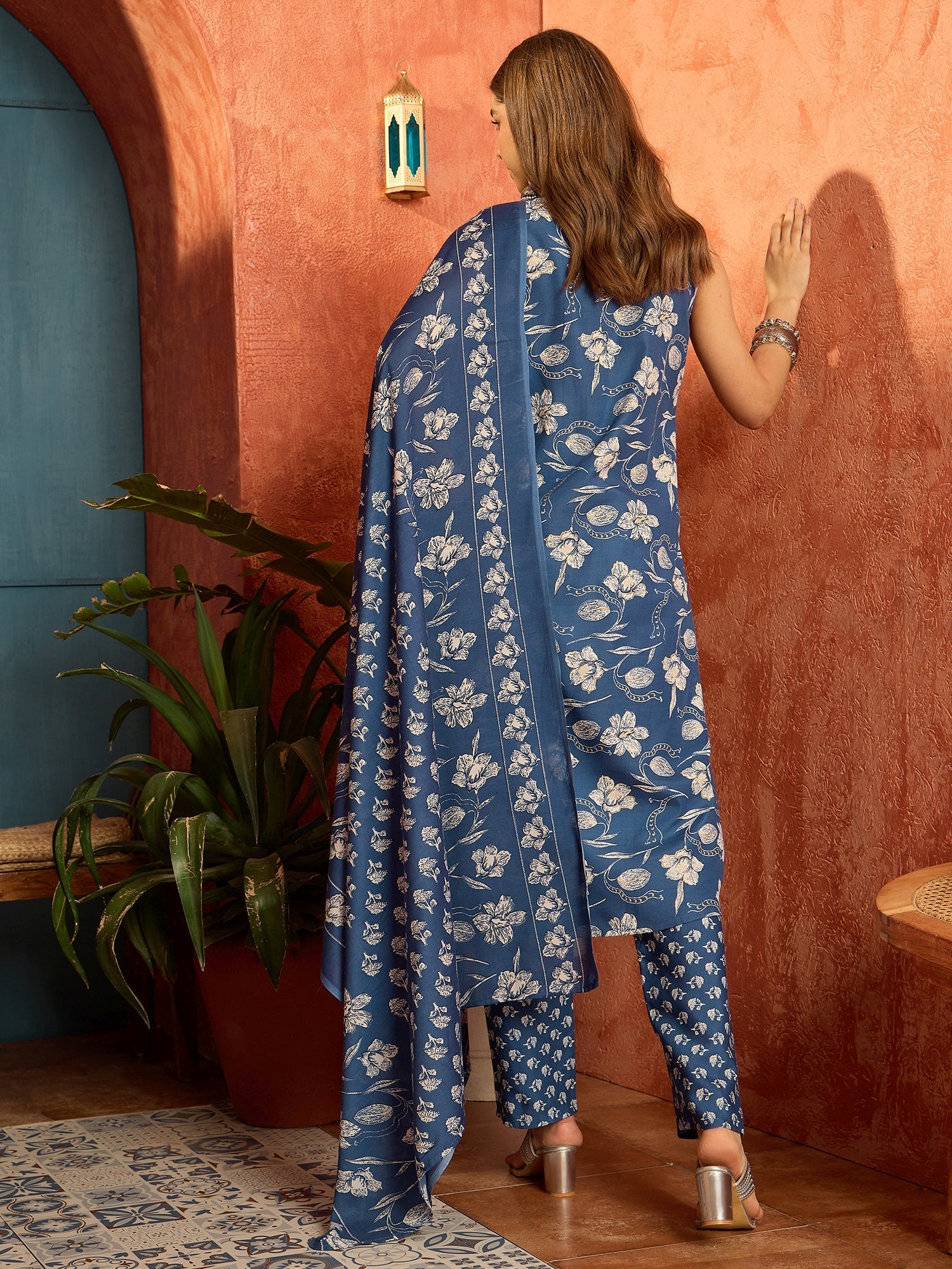 Stylum Women's Blue Floral Printed Cotton A-Line Kurta Pant Dupatta Set (KPDBLUETARIJ)