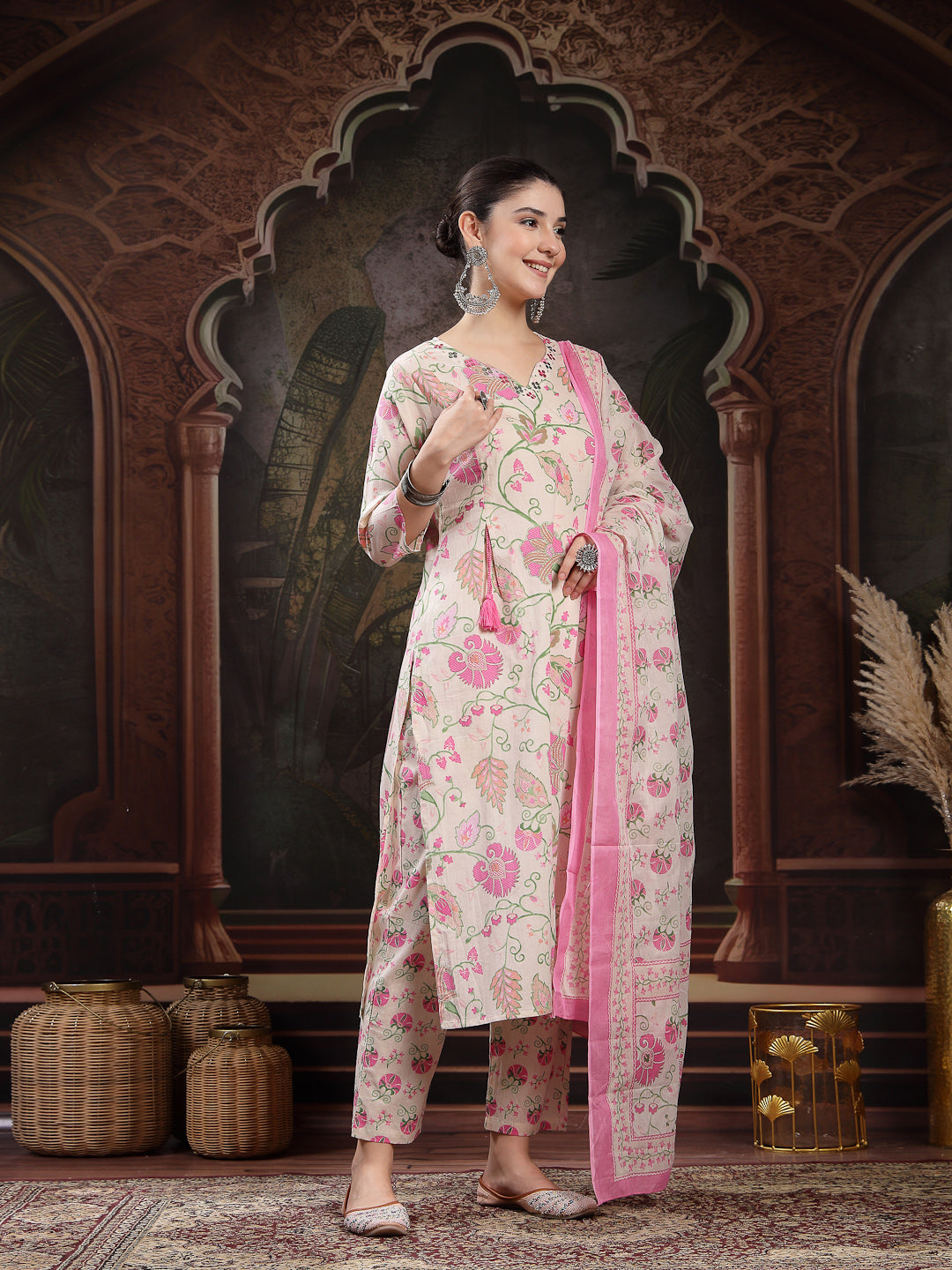 Women's Blush Floral Printed Cotton Straight Kurta Pant Dupatta Set (K