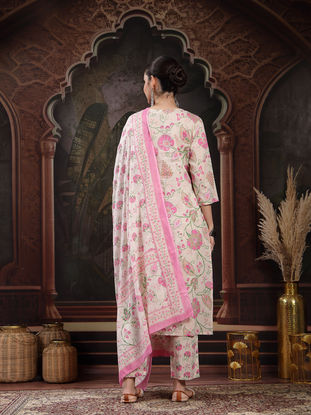 Women's Blush Floral Printed Cotton Straight Kurta Pant Dupatta Set (K