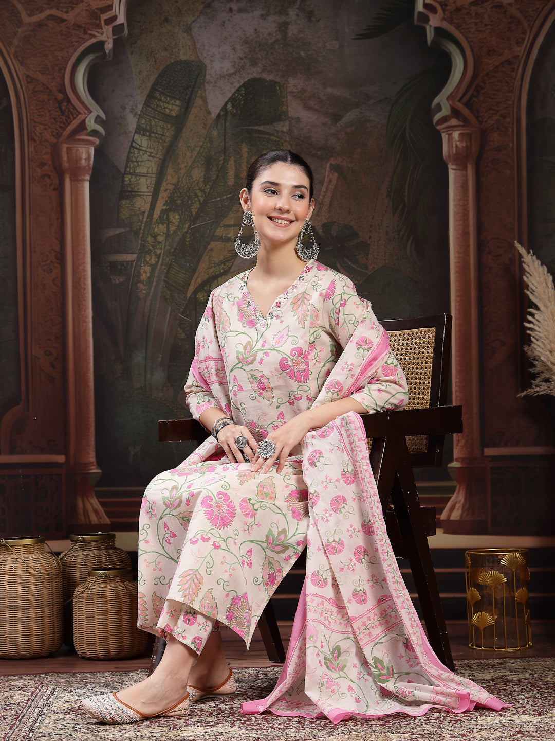 Women's Blush Floral Printed Cotton Straight Kurta Pant Dupatta Set (K