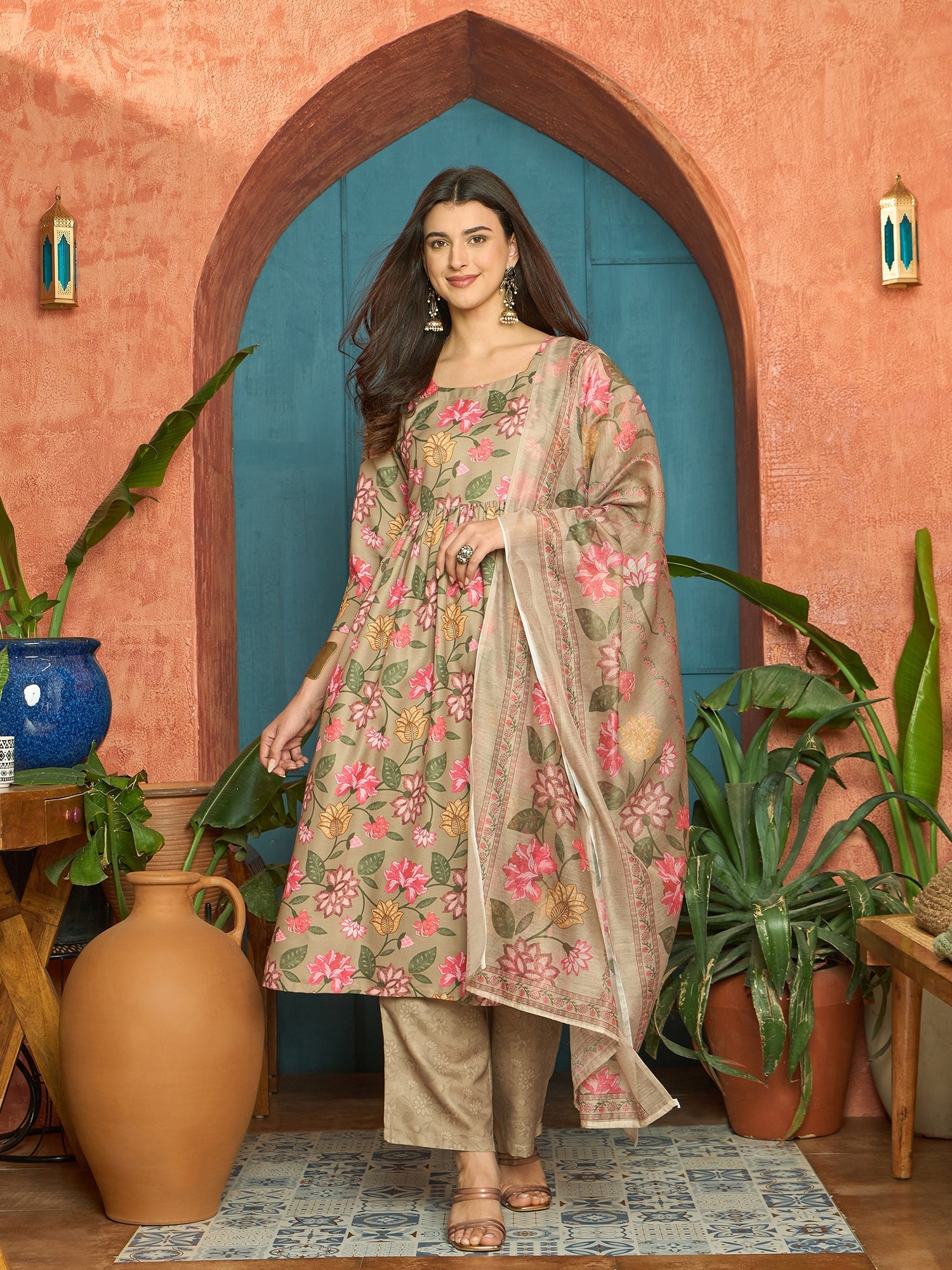 Women's Brown Floral Printed Rayon Anarkali Kurta Pant Dupatta Set (KP