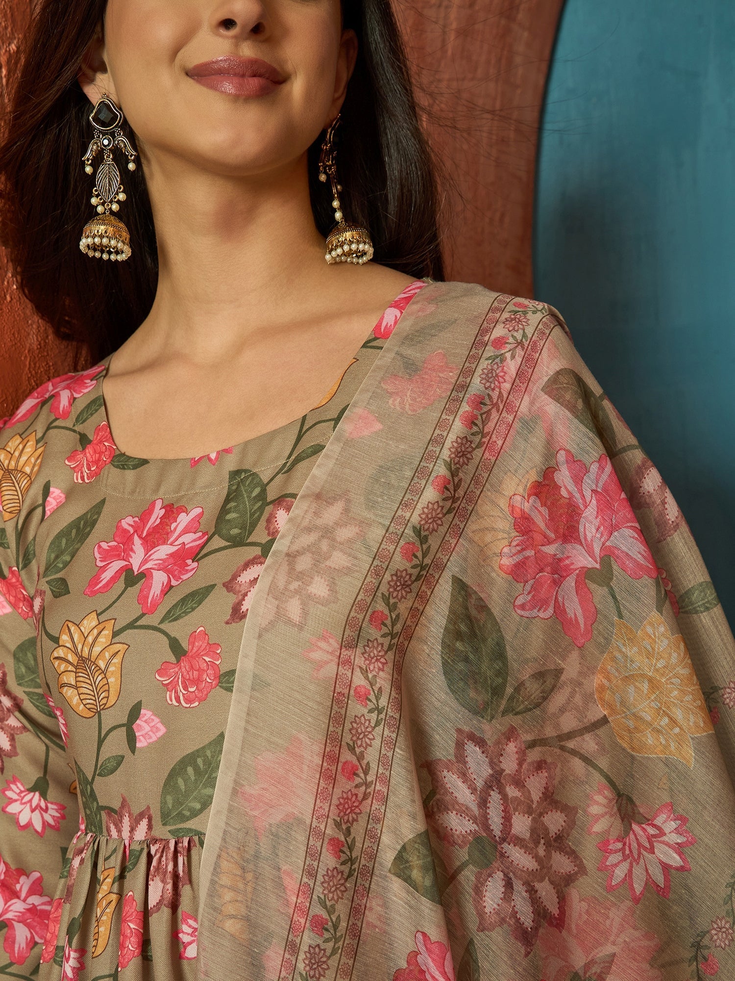 Women's Brown Floral Printed Rayon Anarkali Kurta Pant Dupatta Set (KP