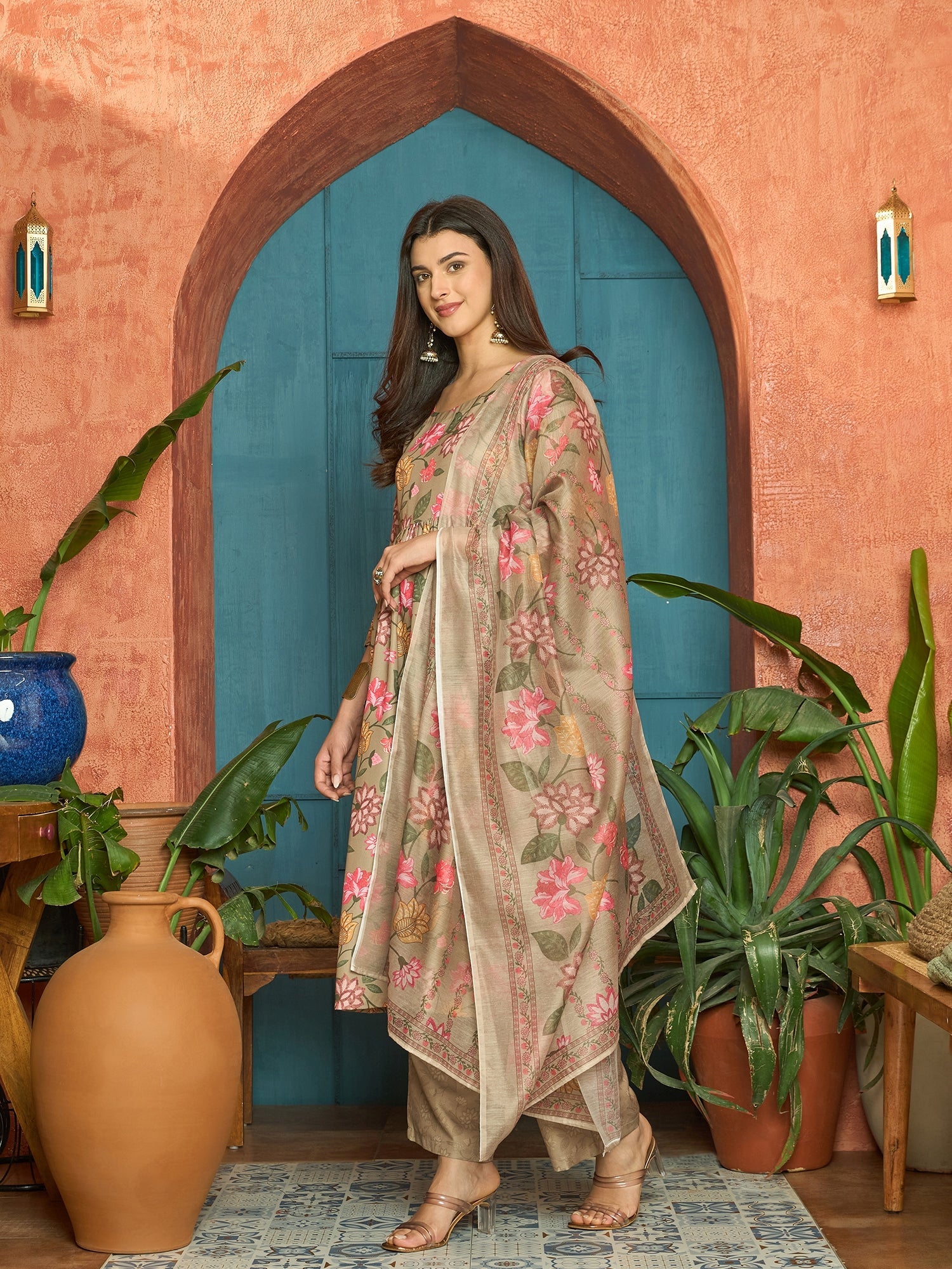 Women's Brown Floral Printed Rayon Anarkali Kurta Pant Dupatta Set (KP