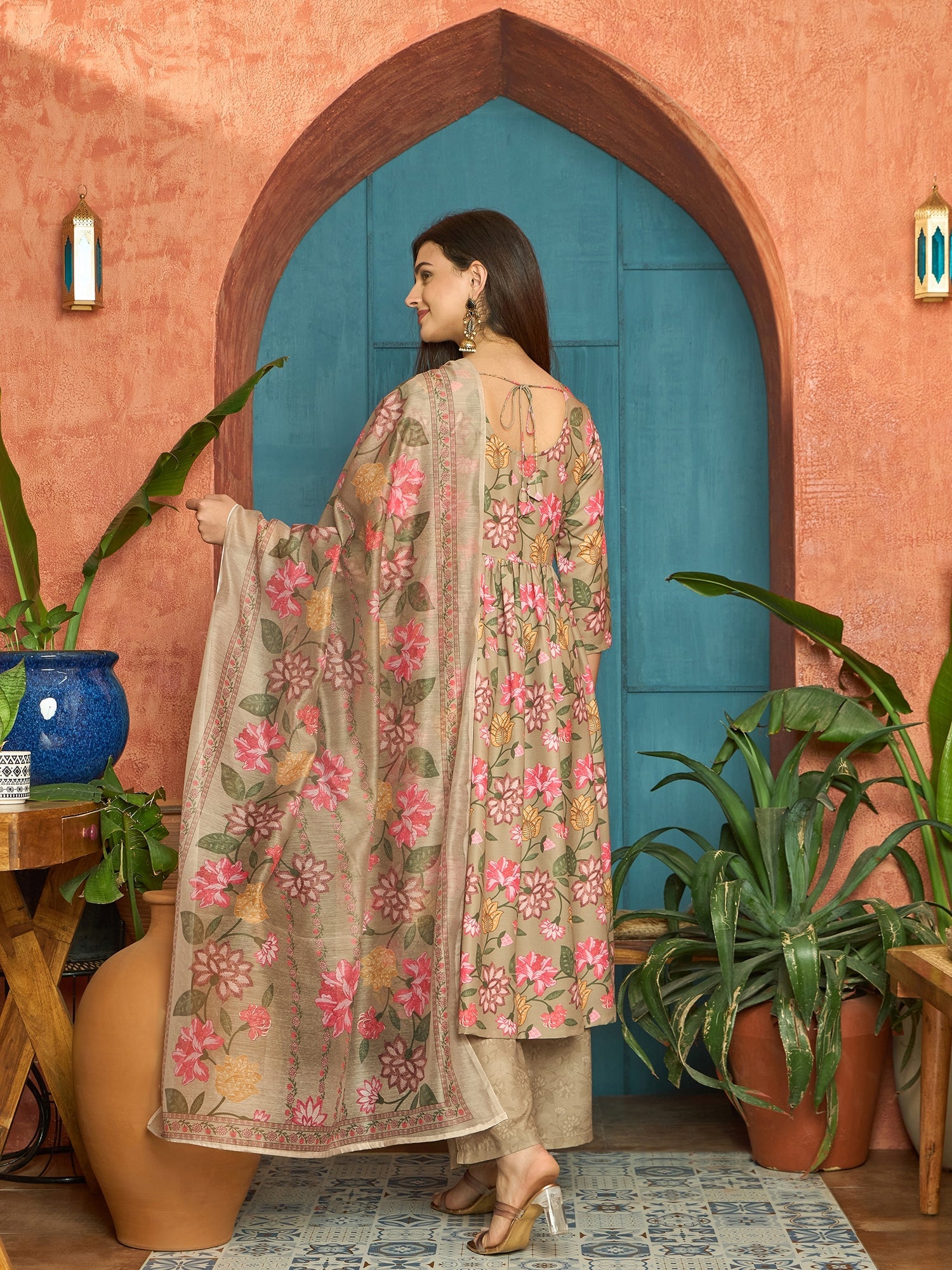 Women's Brown Floral Printed Rayon Anarkali Kurta Pant Dupatta Set (KP