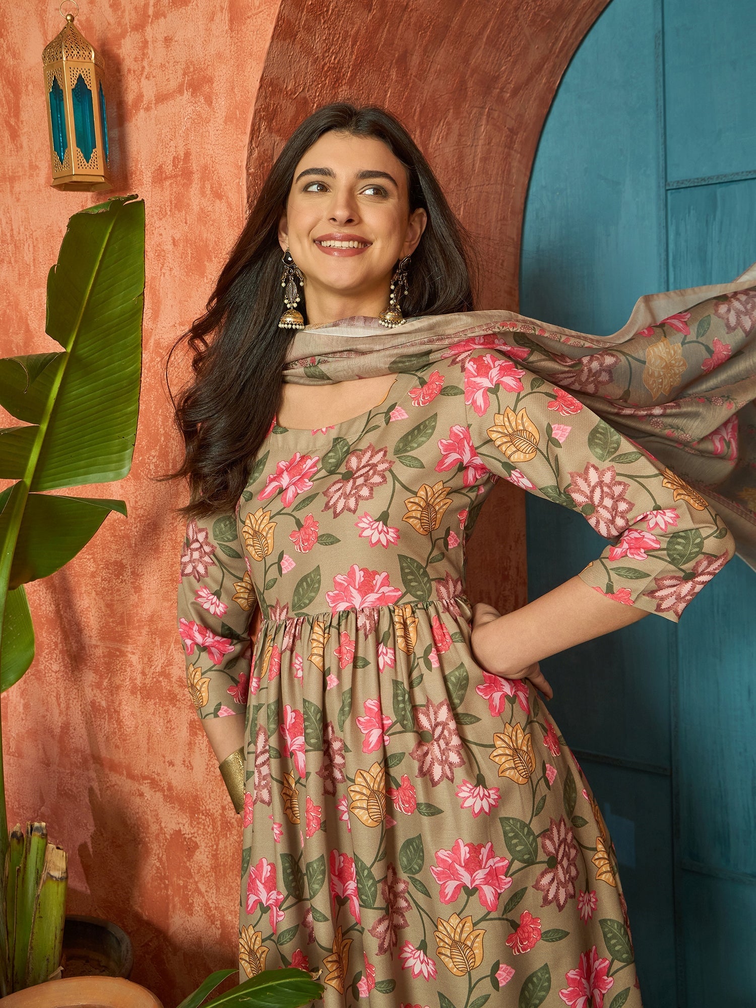 Women's Brown Floral Printed Rayon Anarkali Kurta Pant Dupatta Set (KP