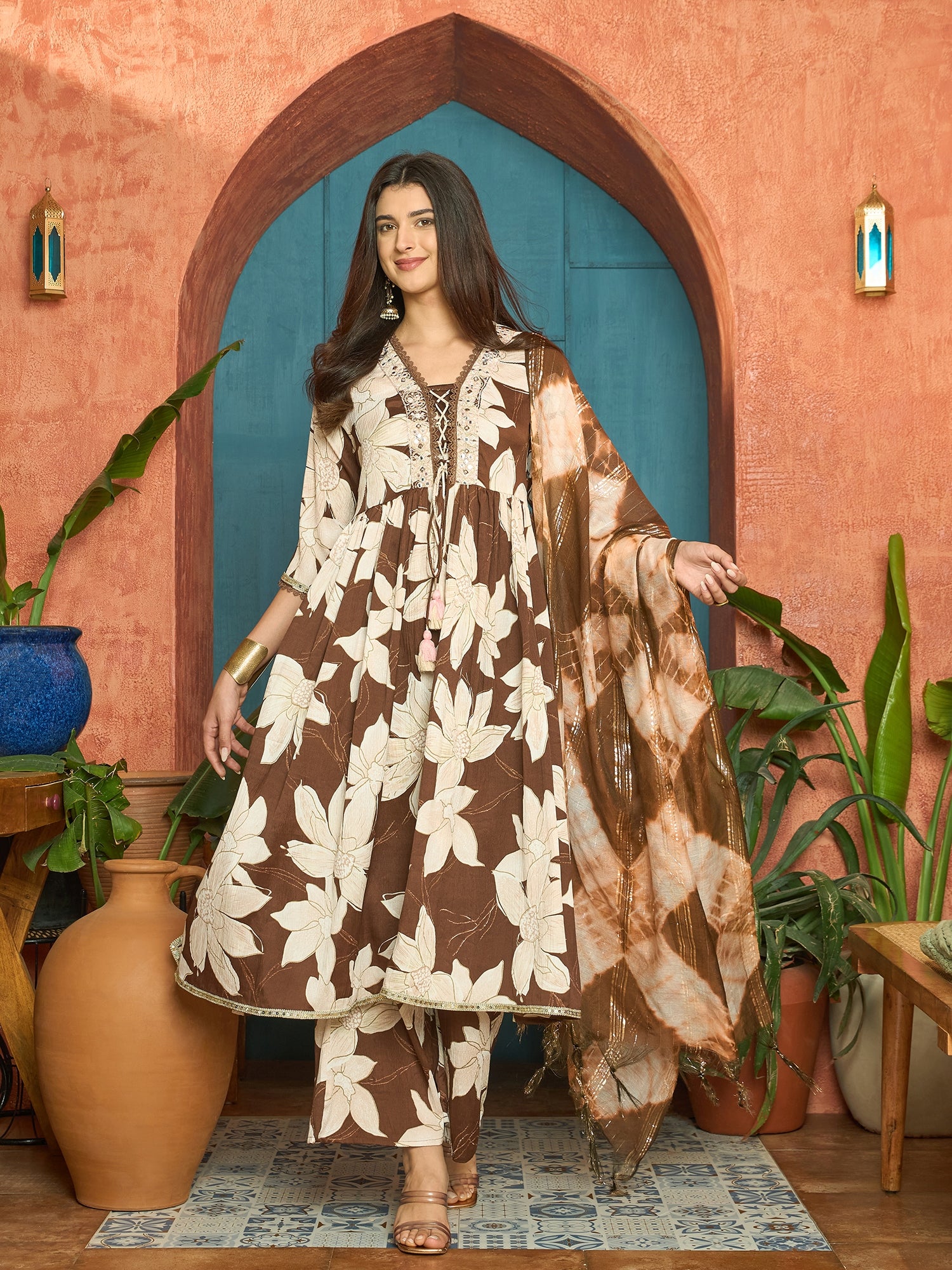 Women's Brown Floral Printed Crepe A-Line Kurta Palazzo Dupatta Set (K