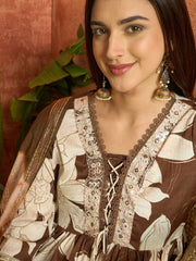 Stylum Women's Brown Floral Printed Crepe A-Line Kurta Palazzo Dupatta Set (KPDBROWNHILL)