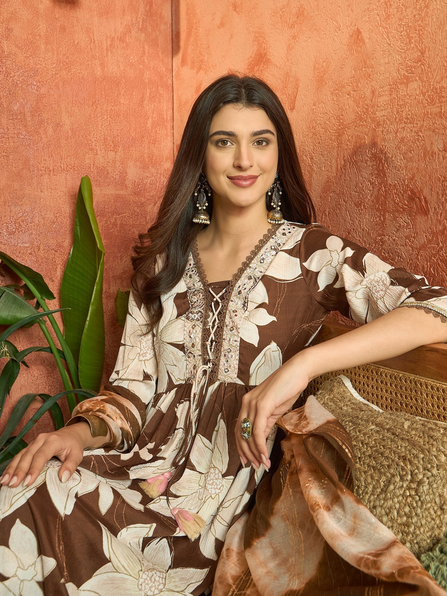 Women's Brown Floral Printed Crepe A-Line Kurta Palazzo Dupatta Set (K