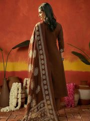 Stylum Women's Brown Solid & Embroidered Cotton A-Line Kurta Pant Dupatta Set (KPDBROWNKAMYA)