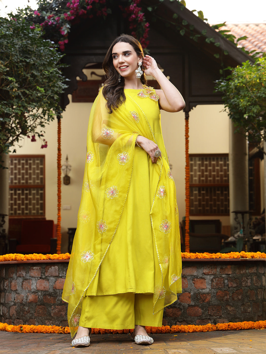 Women's Corn Solid & Embellished Rayon Flared Kurta Palazzo Dupatta Se
