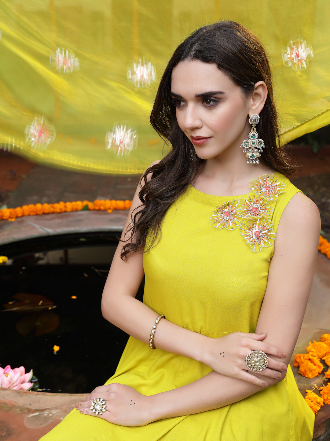 Women's Corn Solid & Embellished Rayon Flared Kurta Palazzo Dupatta Se
