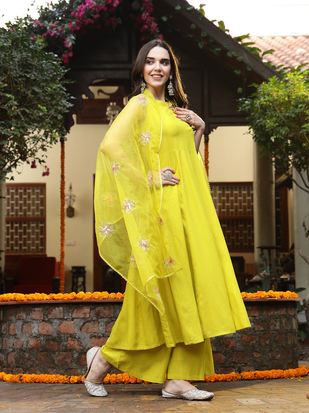 Women's Corn Solid & Embellished Rayon Flared Kurta Palazzo Dupatta Se