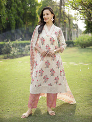 Stylum Women's Cream Floral Printed Cotton A-Line Kurta Pant Dupatta Set (KPDCREAMDIZA)