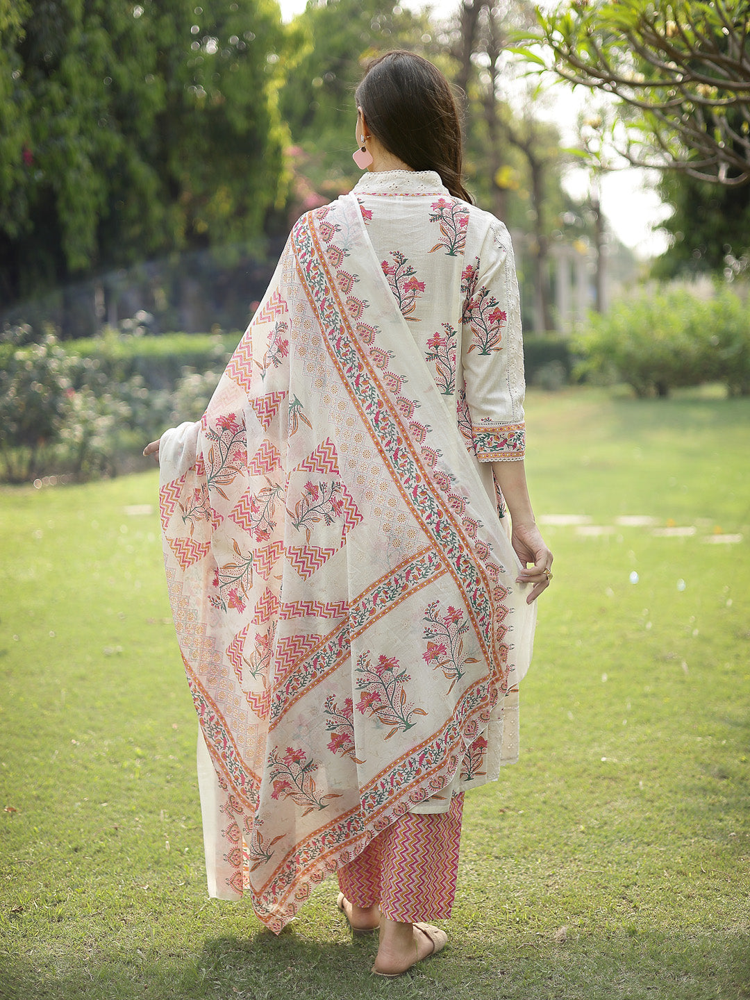 Women's Cream Floral Printed Cotton A-Line Kurta Pant Dupatta Set (KPD