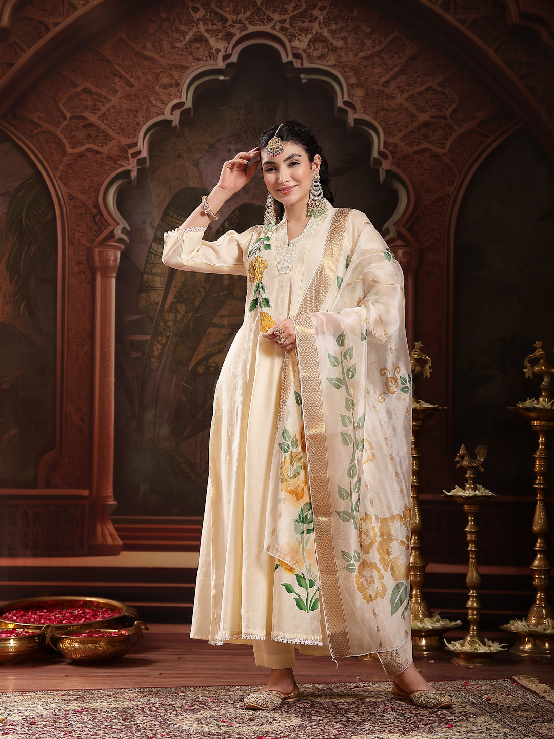 Women's Cream Solid & Embroidered Roman Silk A-Line Kurta Pant Dupatta