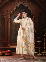 Stylum Women's Cream Solid & Embroidered Roman Silk A-Line Kurta Pant Dupatta Set (KPDCREAMNAWAL)