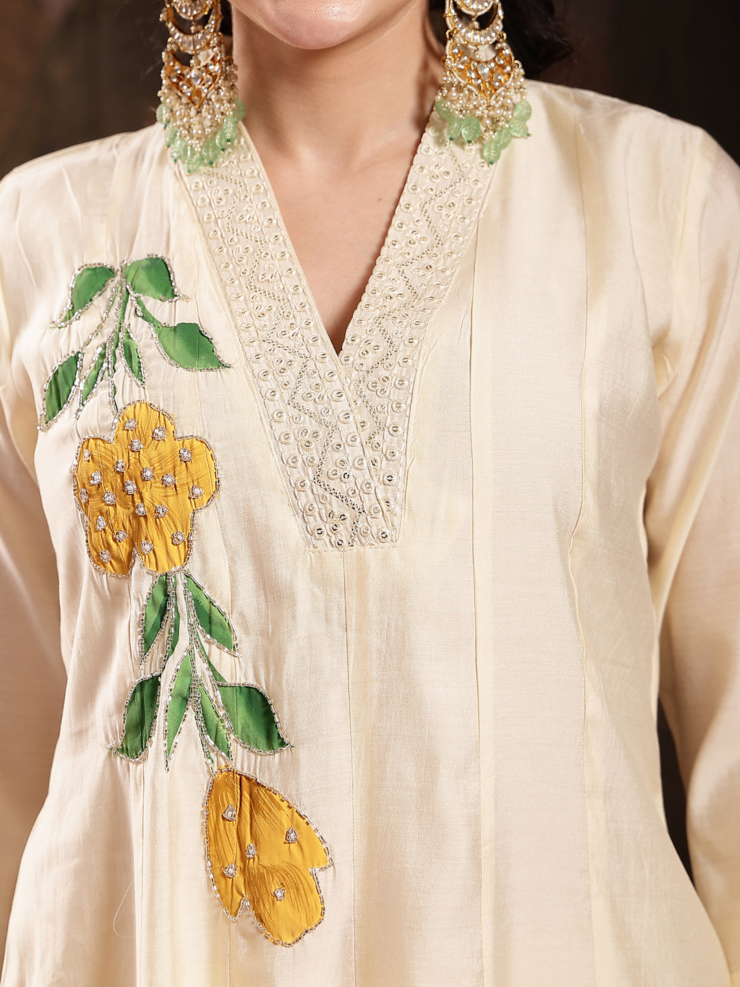 Women's Cream Solid & Embroidered Roman Silk A-Line Kurta Pant Dupatta